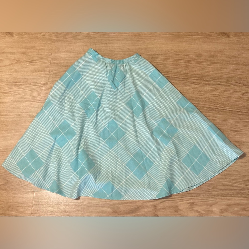 Vintage 1960s / 1970s wool skirt argyle blue and cream size medium